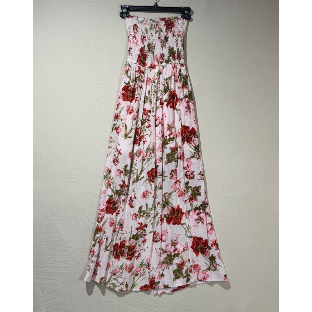 Indikah Floral Maxi Dress Womens SmallPink Red Rose Smocked Strapless